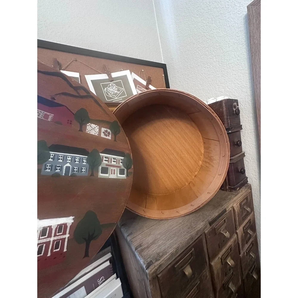 Vtg Hand Painted Wooden Cheese Box FolkArt Americana Primitive Village Scene Lid